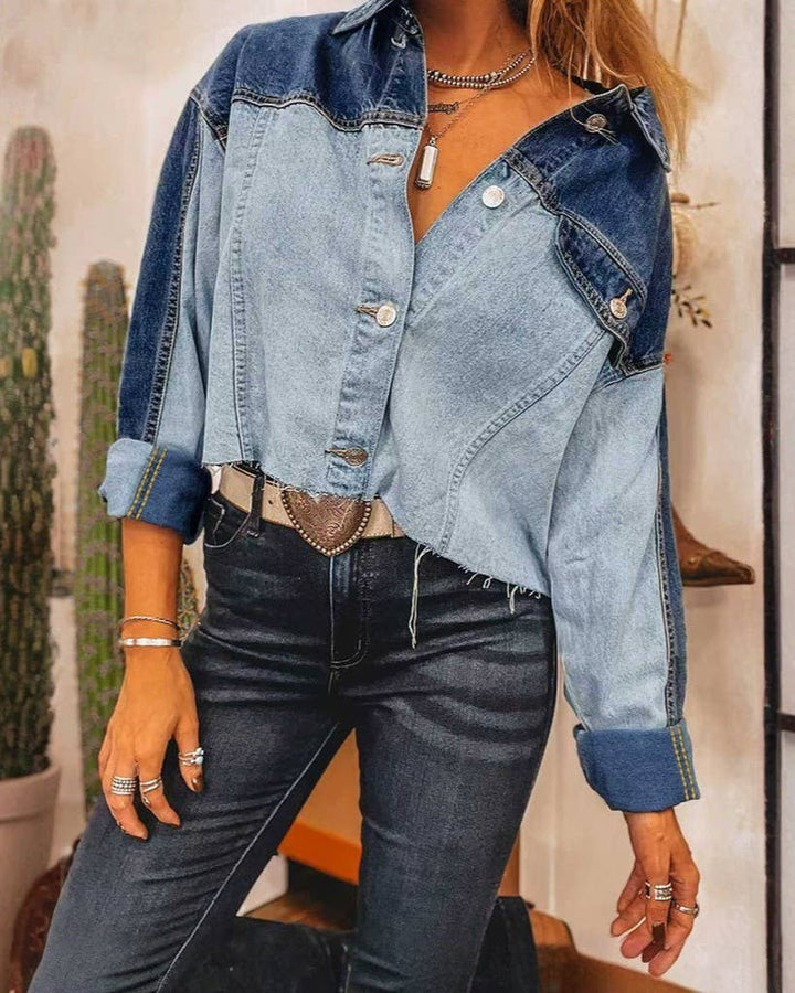 Retro Two Tone Cropped Denim Jacket: Blue / L