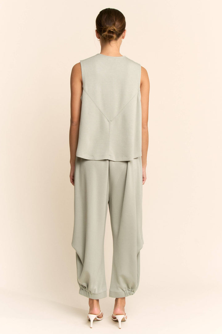 SOLID CREW NECK CINCH TIE TOP WAISTBAND PANTS SET: OLIVE SAGE