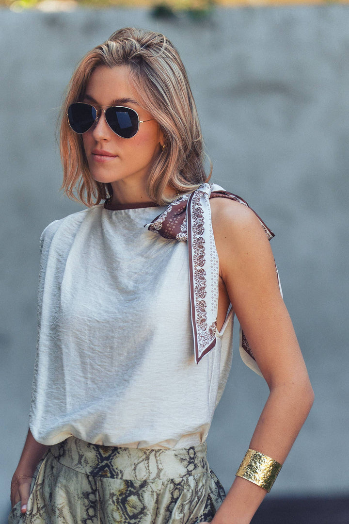 Paisley Scarf Tie Shoulder Linen Blend Top: White / S-M-L:2-2-2