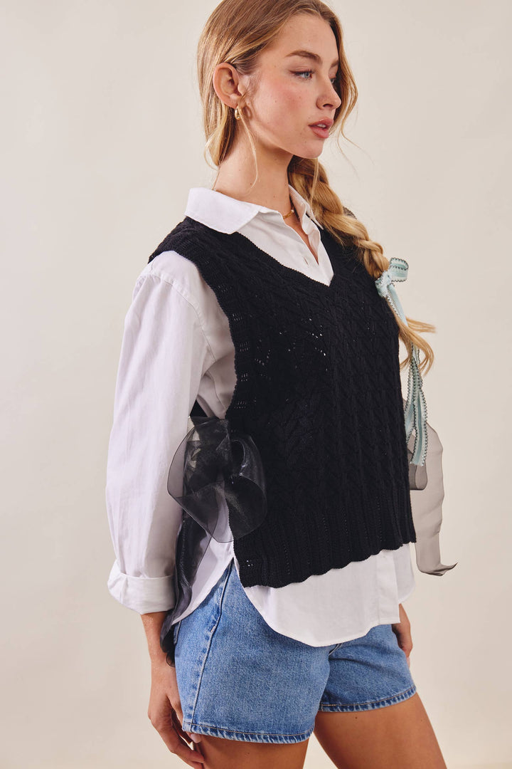 Pointelle Knit Ribbon-Tie Vest Top