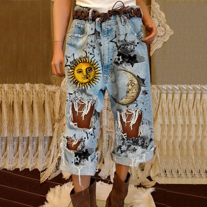 Women's sun, moon and star ripped jeans: Blue / S