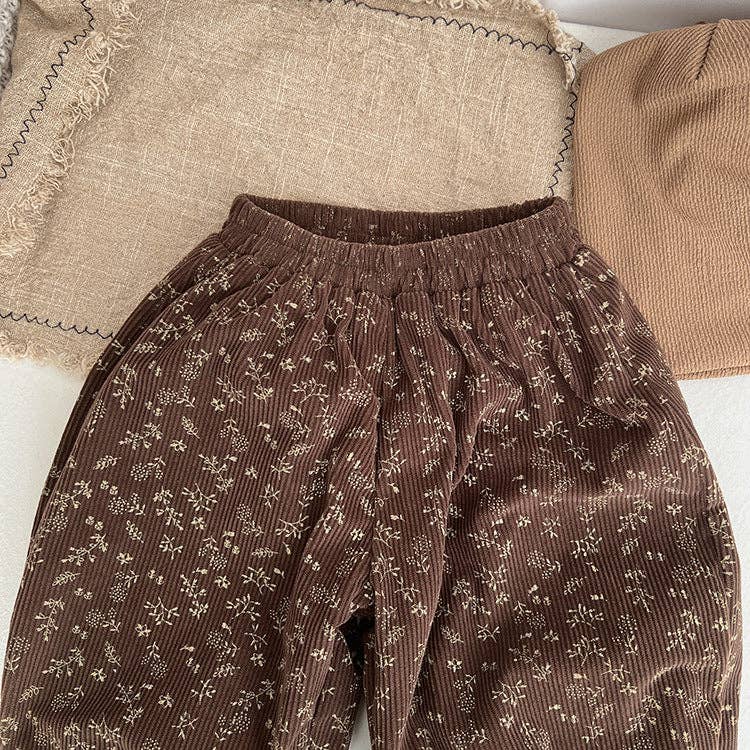 Baby Girl Ditsy Flower Pattern Corduroy Fabric Loose Thickened Pants In Winter: Coffee / 100 (2-3Y)
