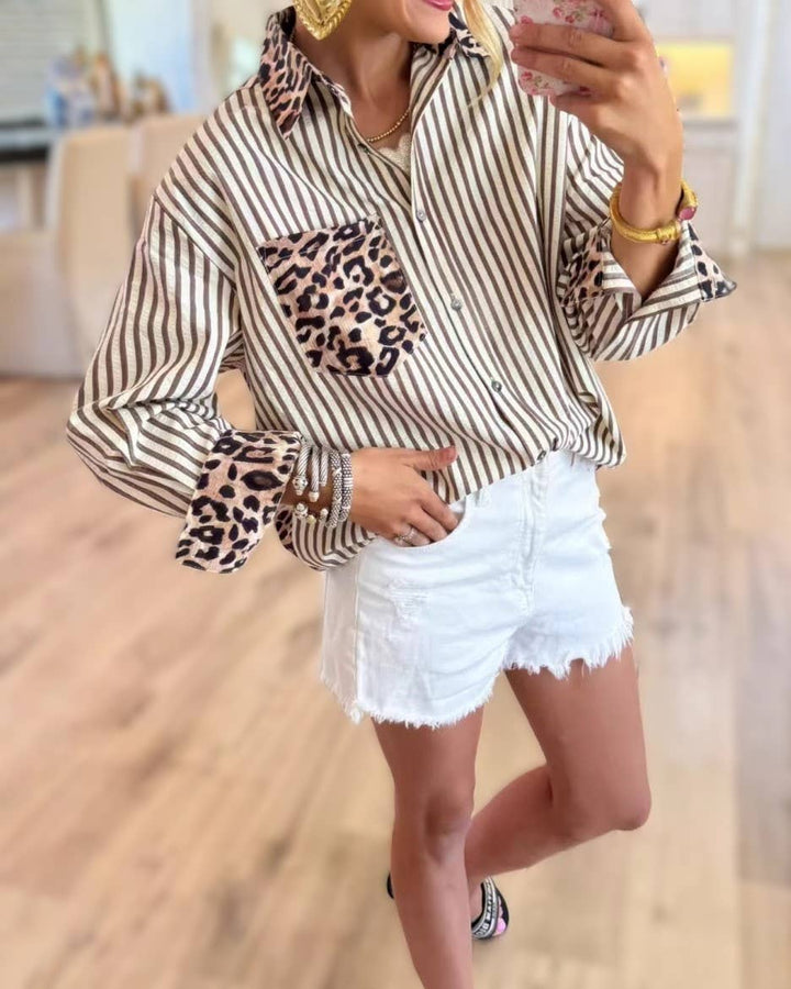 Chic Style Leopard & Striped Patchwork Shirt: Khaki / L