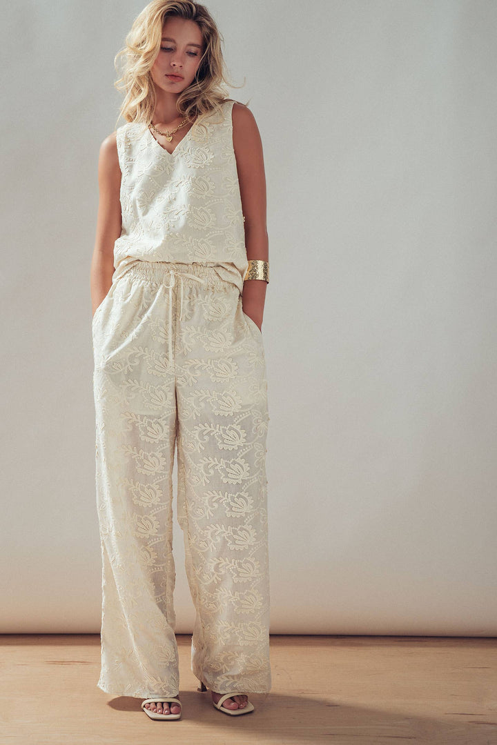 Floral Embroidered Cotton Top And Pant Set: IVORY