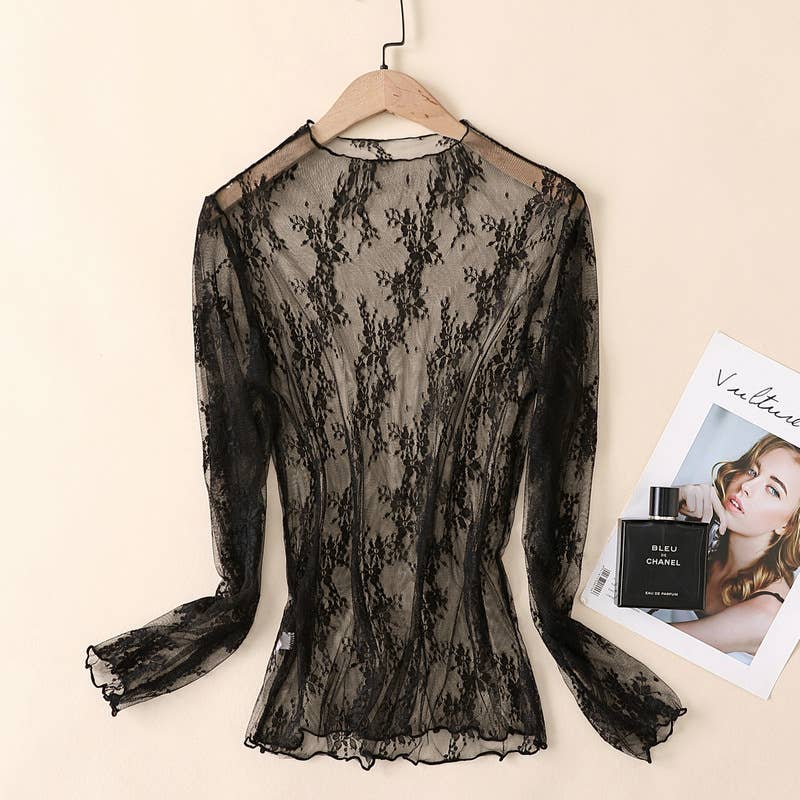 Semi Sheer Mesh Floral Lace Layering See Through Top: Nude / M