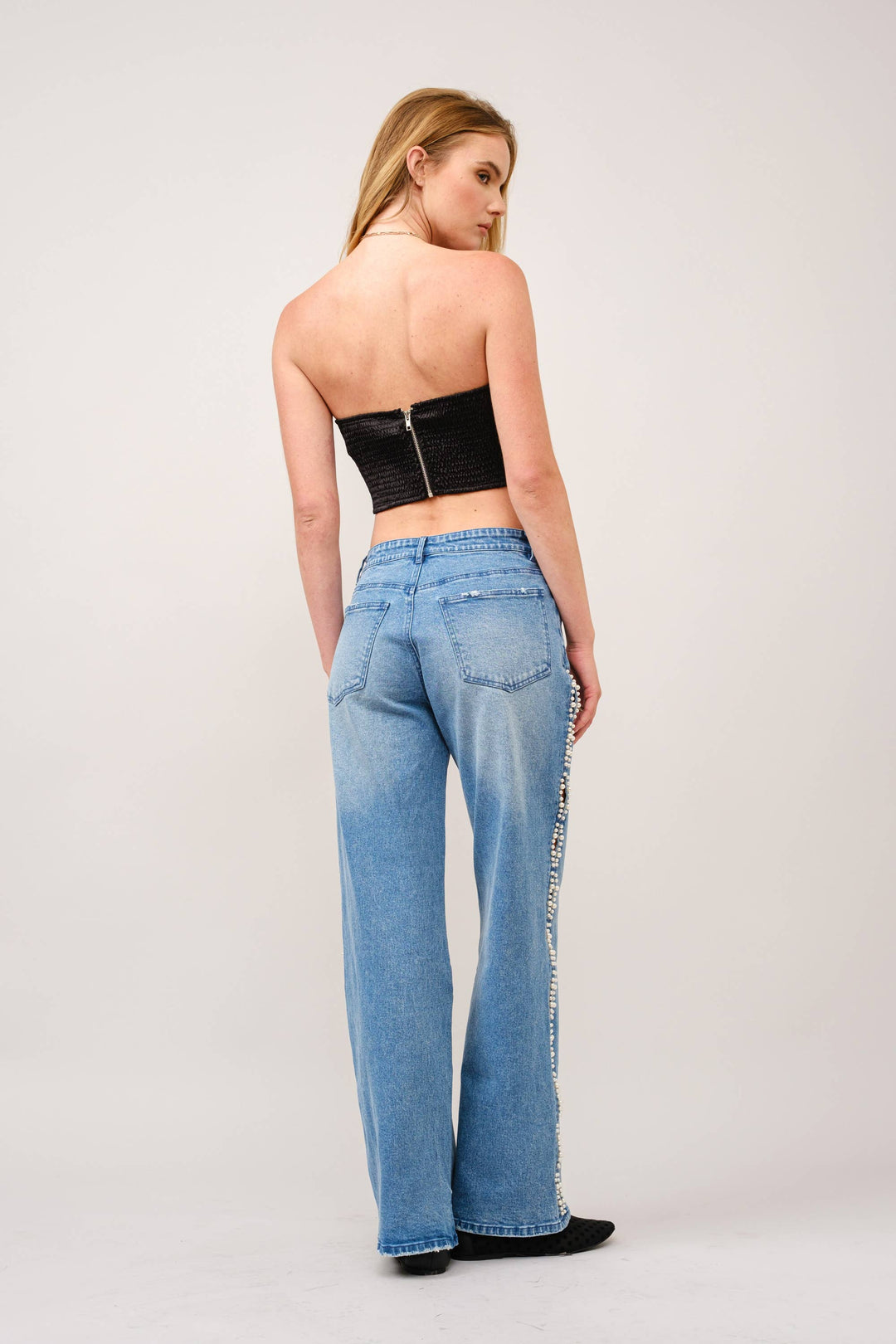 23423P - Pearl Embellished Cut Out Sides Jeans: MED WASH / L