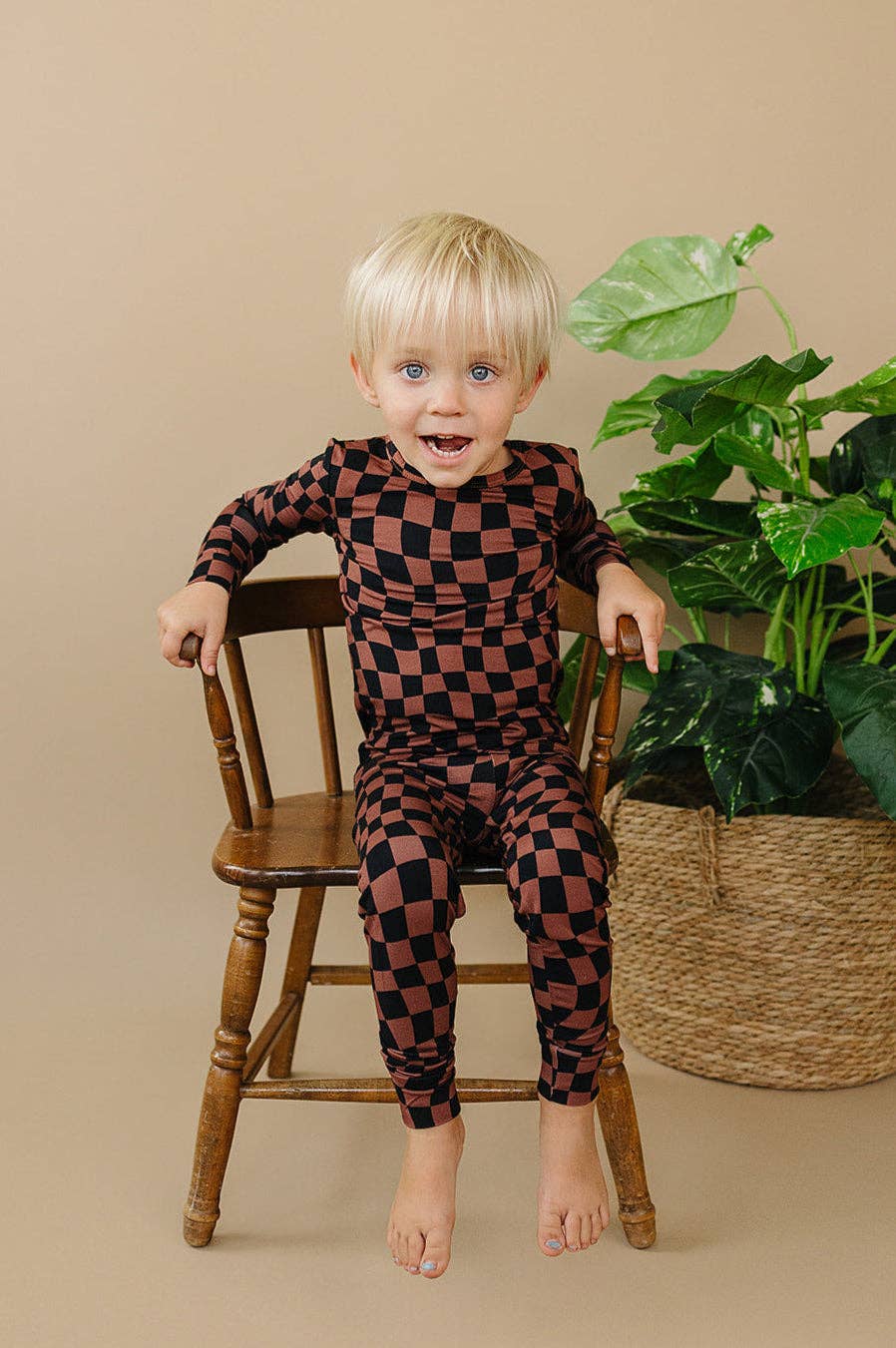 Bamboo Two Piece Set | Chocolate Wavy Checkered: 2T