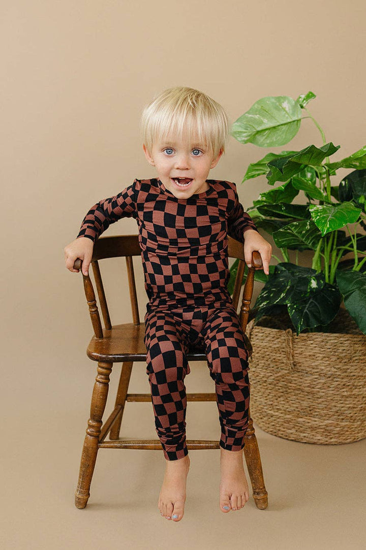 Bamboo Two Piece Set | Chocolate Wavy Checkered: 2T