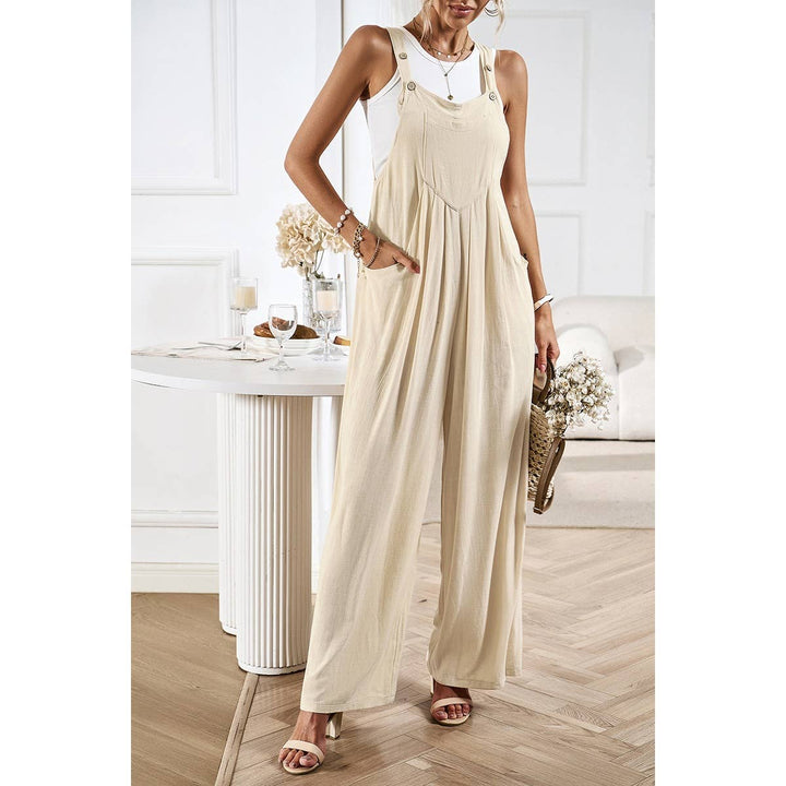 Button Detail Wide Leg Overall Pockets Jumpsuit: BEIGE / M