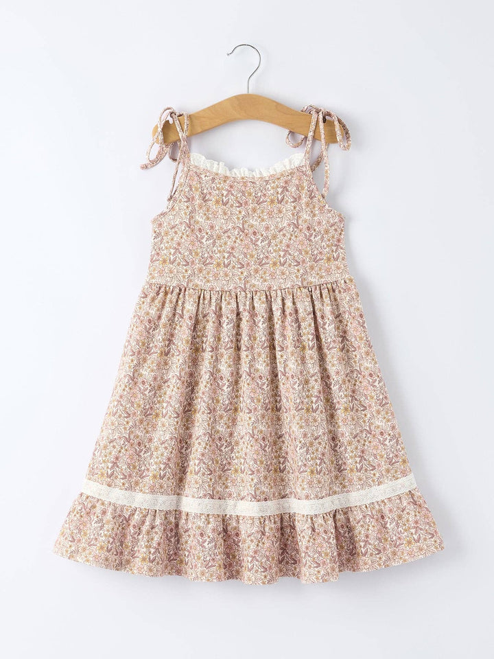 Summer Floral Girls Bow Spaghetti Strap Ruffle Dress