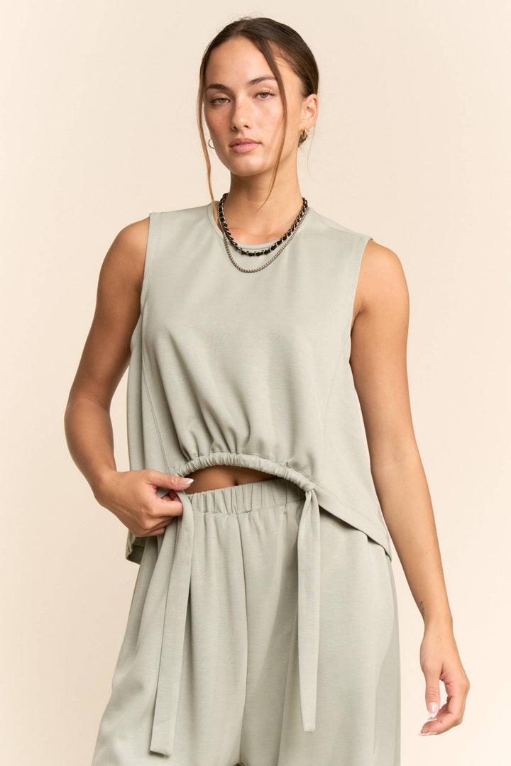 SOLID CREW NECK CINCH TIE TOP WAISTBAND PANTS SET: OLIVE SAGE