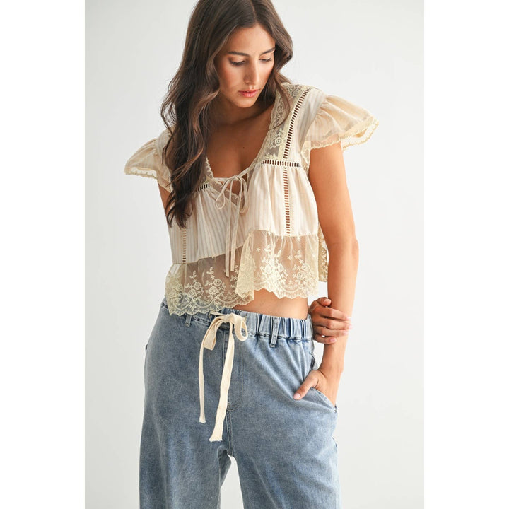 LACE-TRIMMED BLOUSE: SAND / S-M-L(3-2-1)