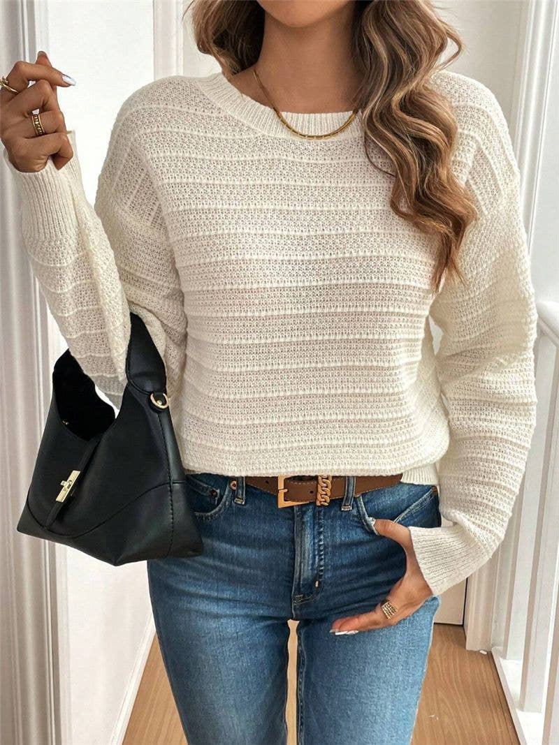 Cozy Bow Tie Back Crew Neck Fall Sweater: Beige / S