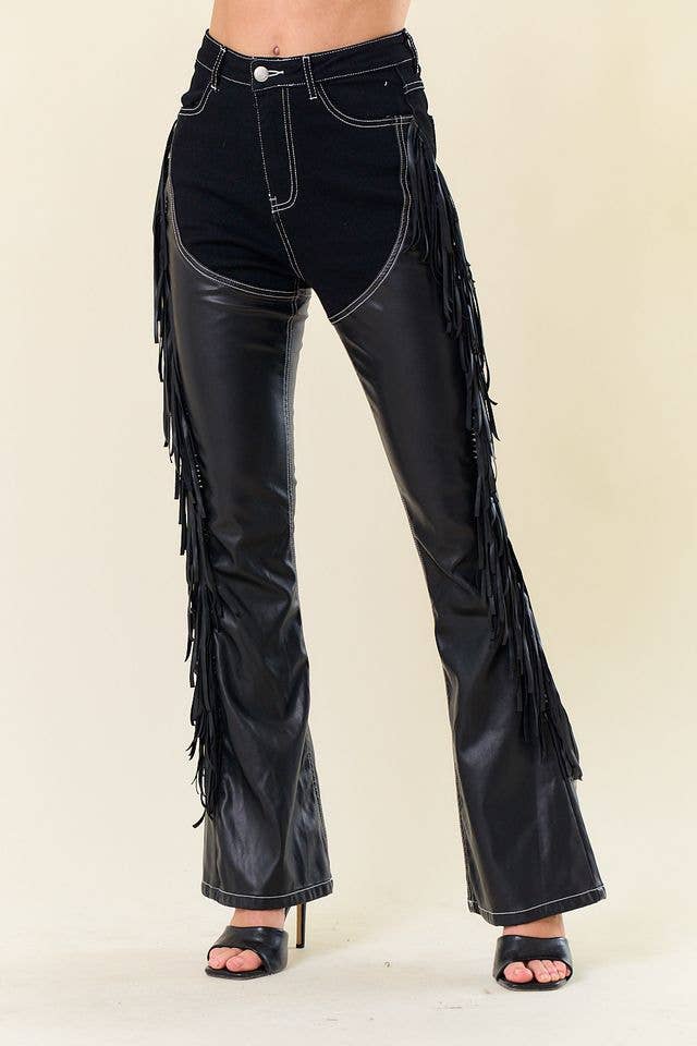 SIP6363A BLACK DENIM CHAPS FRINGED PANTS: L