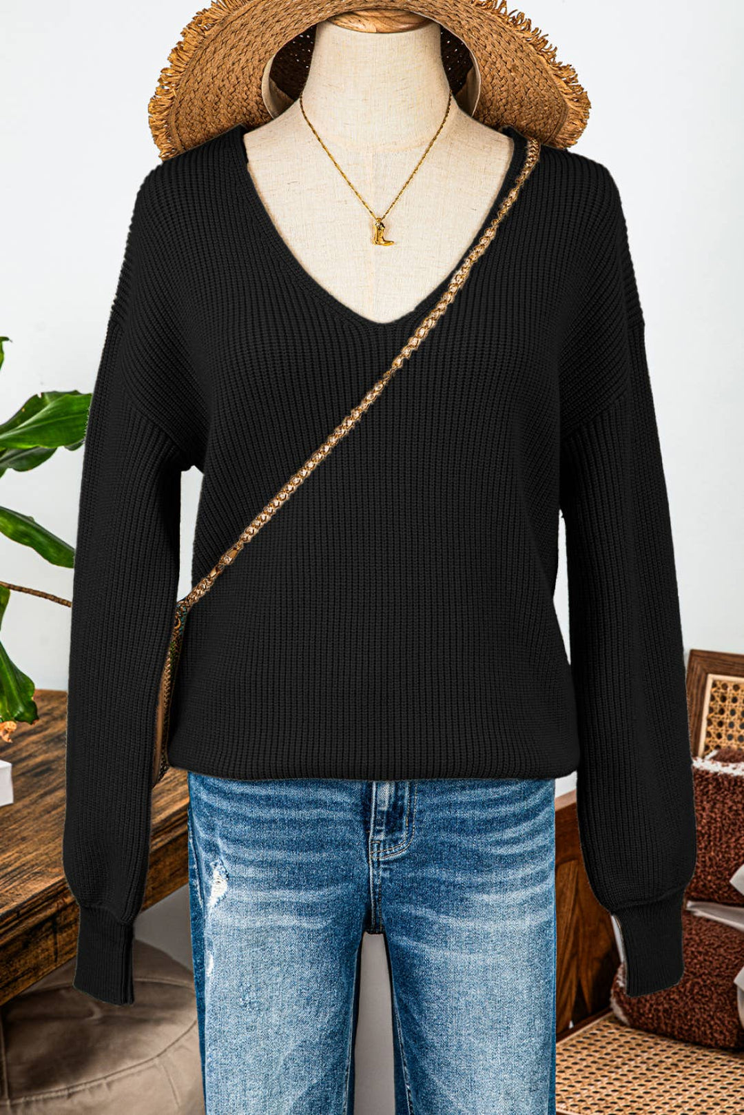 Valentine Lantern Sleeve V Neck Knot Back Sweater: Red / Missy / M