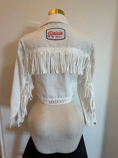 WILD CARD WHITE FRINGE CUSTOM DENIM JACKET