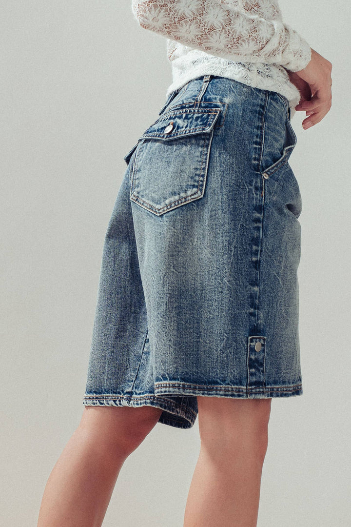 Wide-Leg Utility Denim Bermuda Shorts