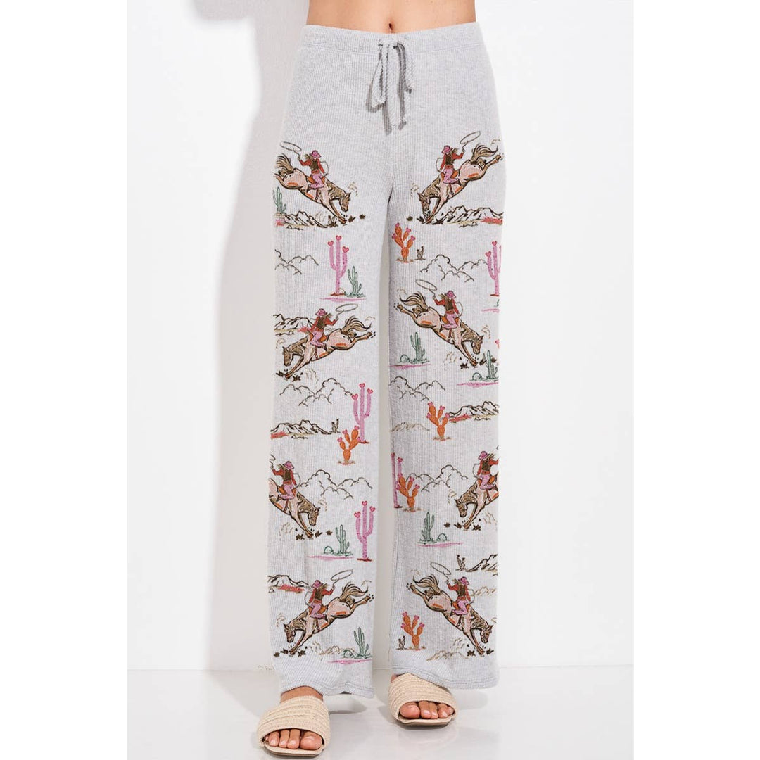 Desert Cowgirl Print Rib Hoodie Loungewear Set : Taupe / M