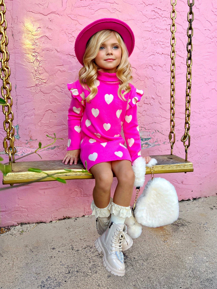 Warms My Heart Hot Pink Turtleneck Sweater Dress: Hot Pink / 7Y/8Y