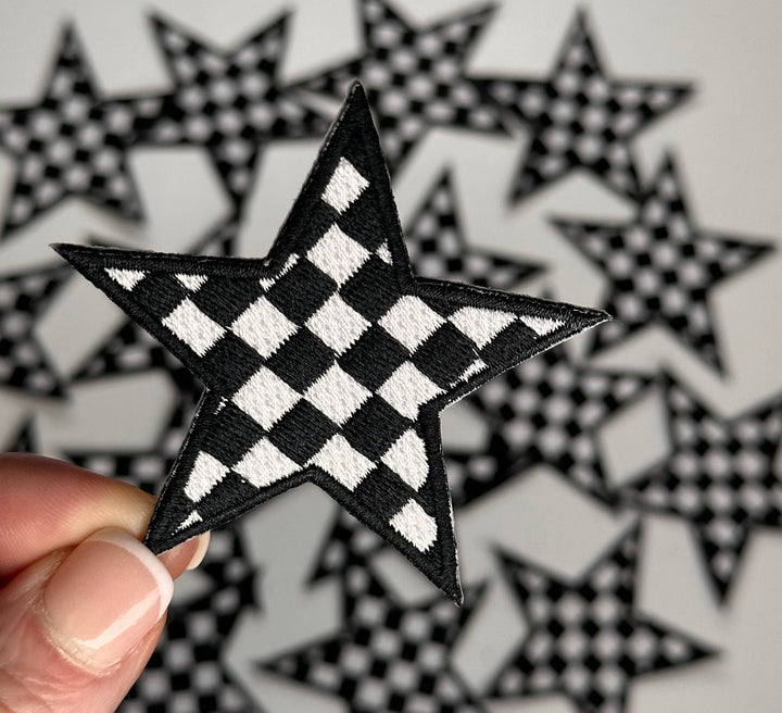 Checkered Star patch, game day patch, dance, cheer patch: Black