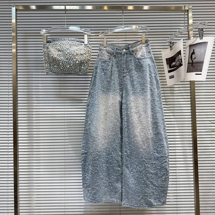 Pearl Beaded Bustier and Vintage Denim Pants Set
