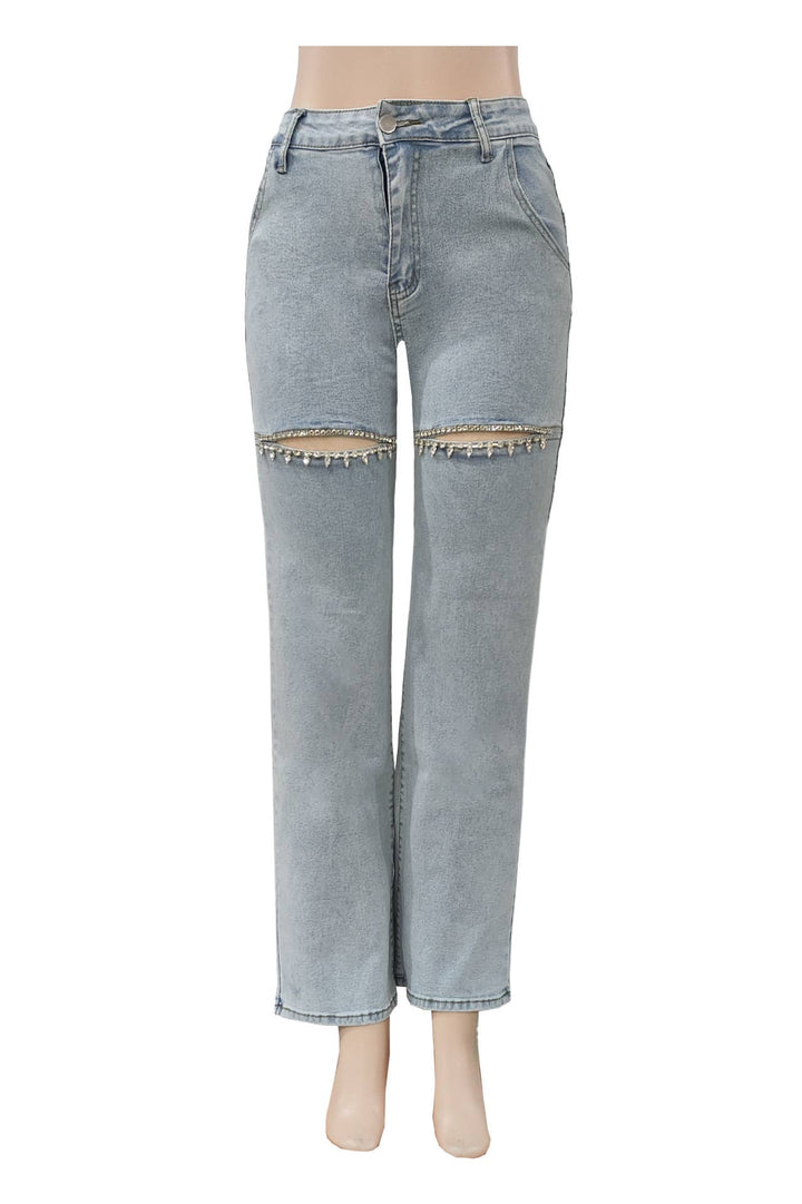 Rhinestone cutout wide leg jeans: Light blue / L