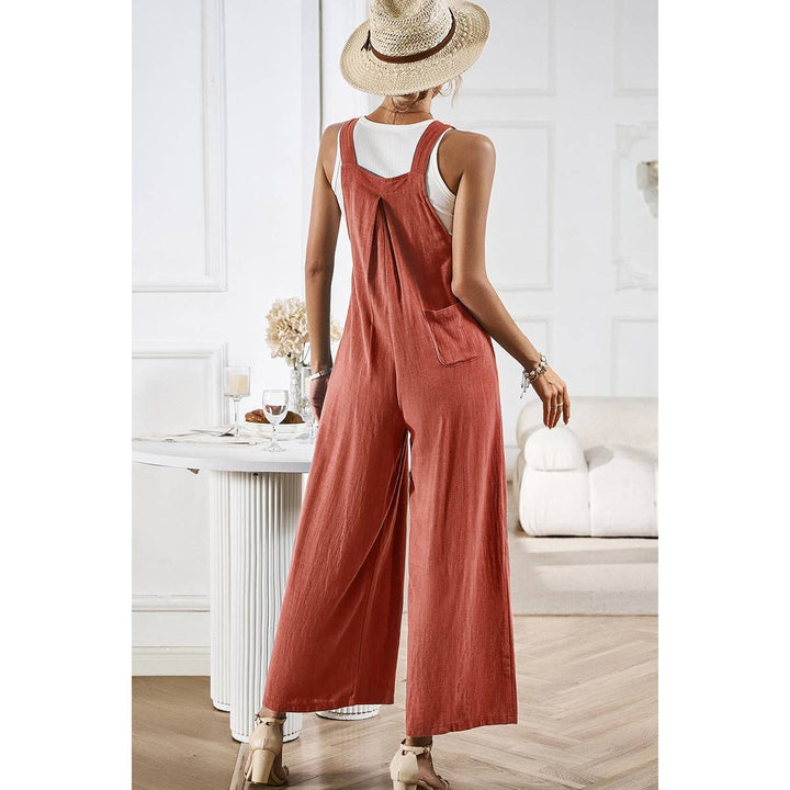 Button Detail Wide Leg Overall Pockets Jumpsuit: BEIGE / M