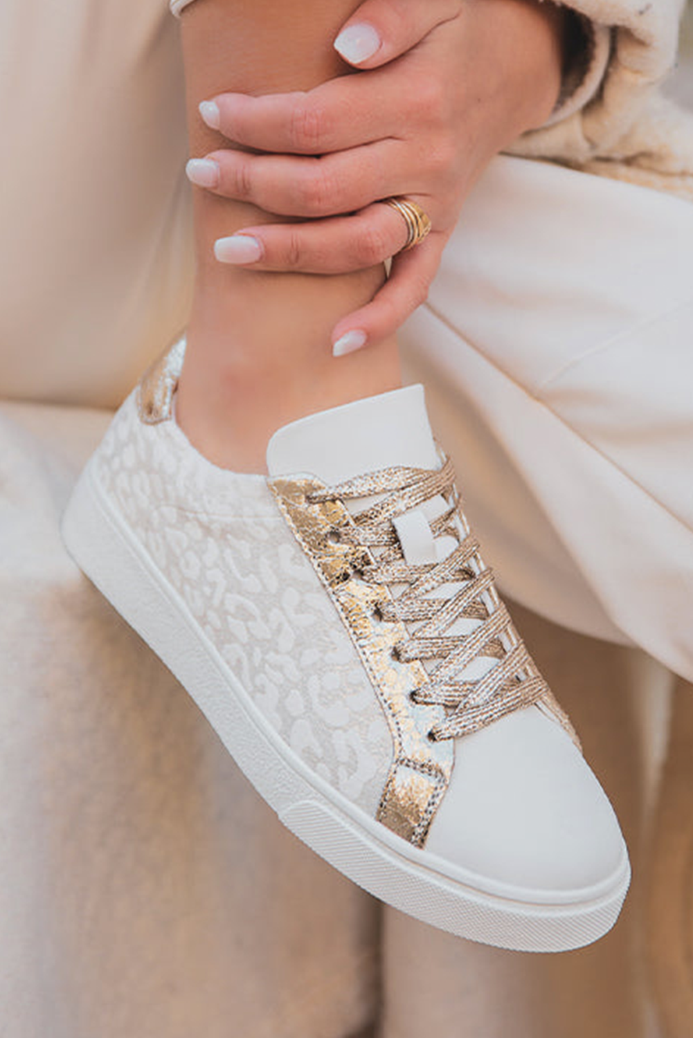 LDC Leopard Print Glitter Patched PU Leather Lace-up Shoes: White / (US 8.5)40