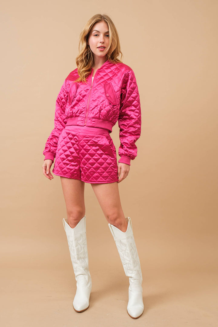 61234SET Quilted Crop Pocket Bomber Jacket w/ Matching Set: BROWN / S