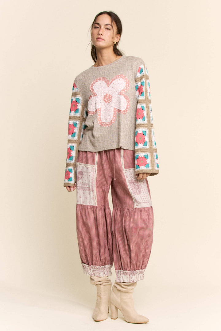 CONTRAST PATCHWORK BLOOMER PANTS: Rose Pink