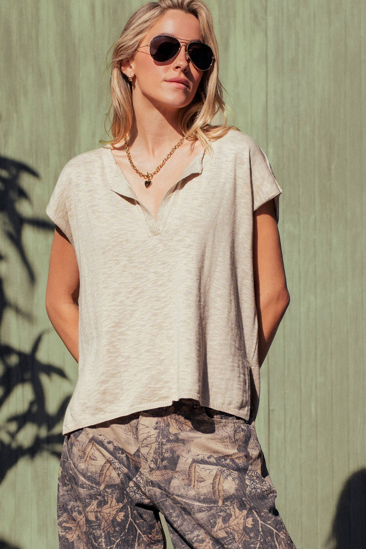 Split Neck Cap Sleeve Cotton Blend Top: Beige / S-M-L:2-2-2