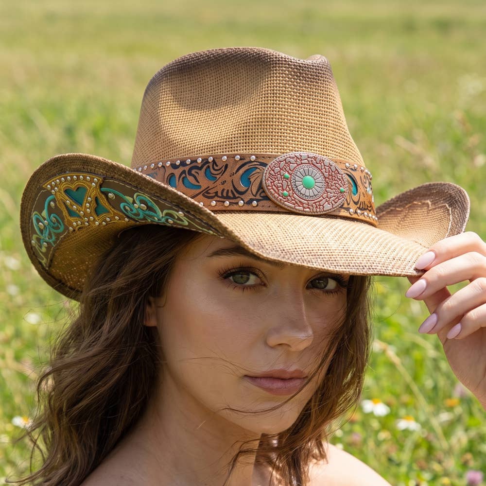Studded Tooled Band Western Cowboy Hat
