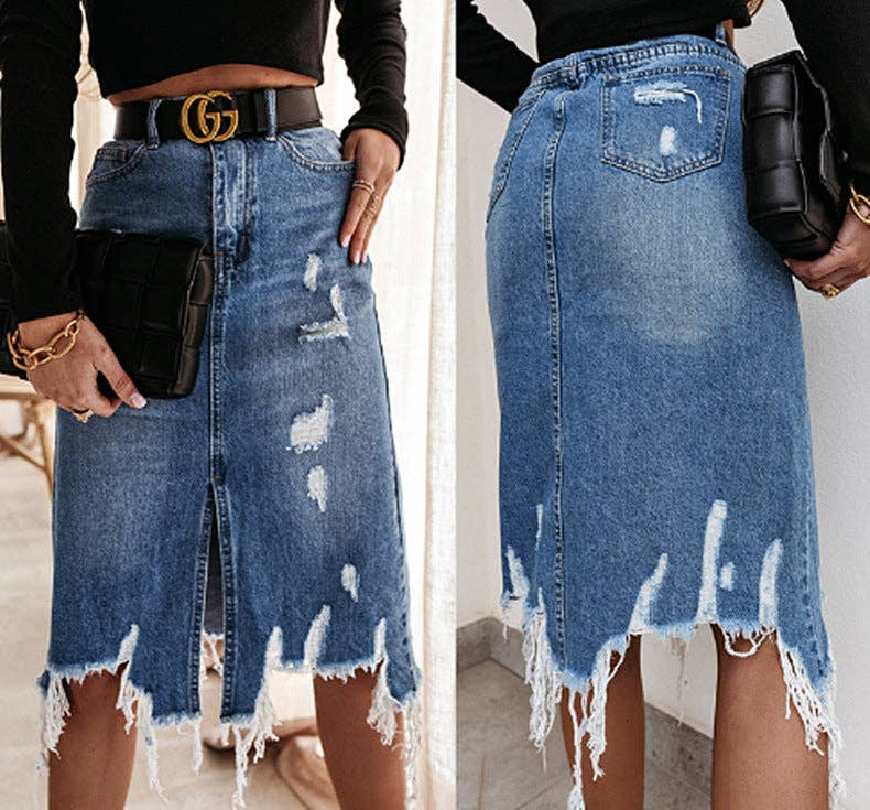 High Waist Distressed Split Daily Denim Midi Skirt SKS6697: M