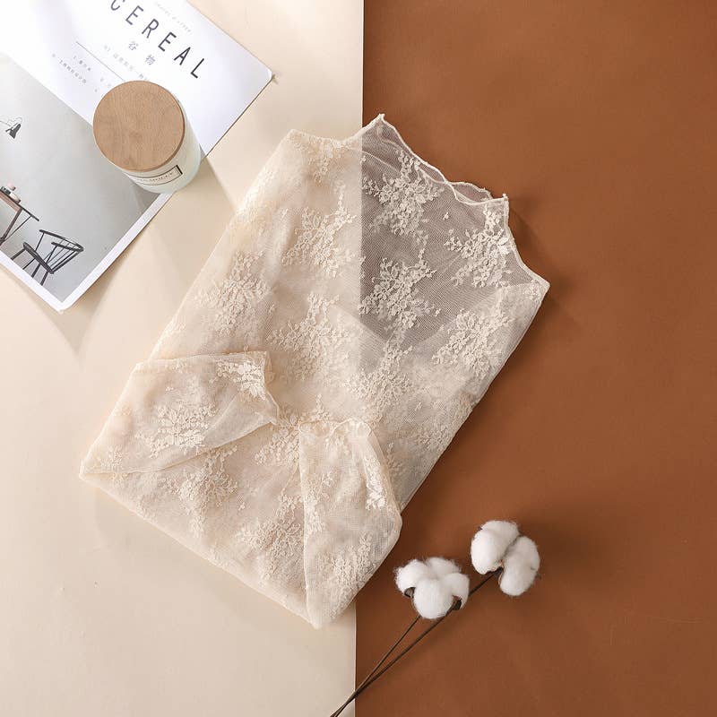 Semi Sheer Mesh Floral Lace Layering Top: Black / S