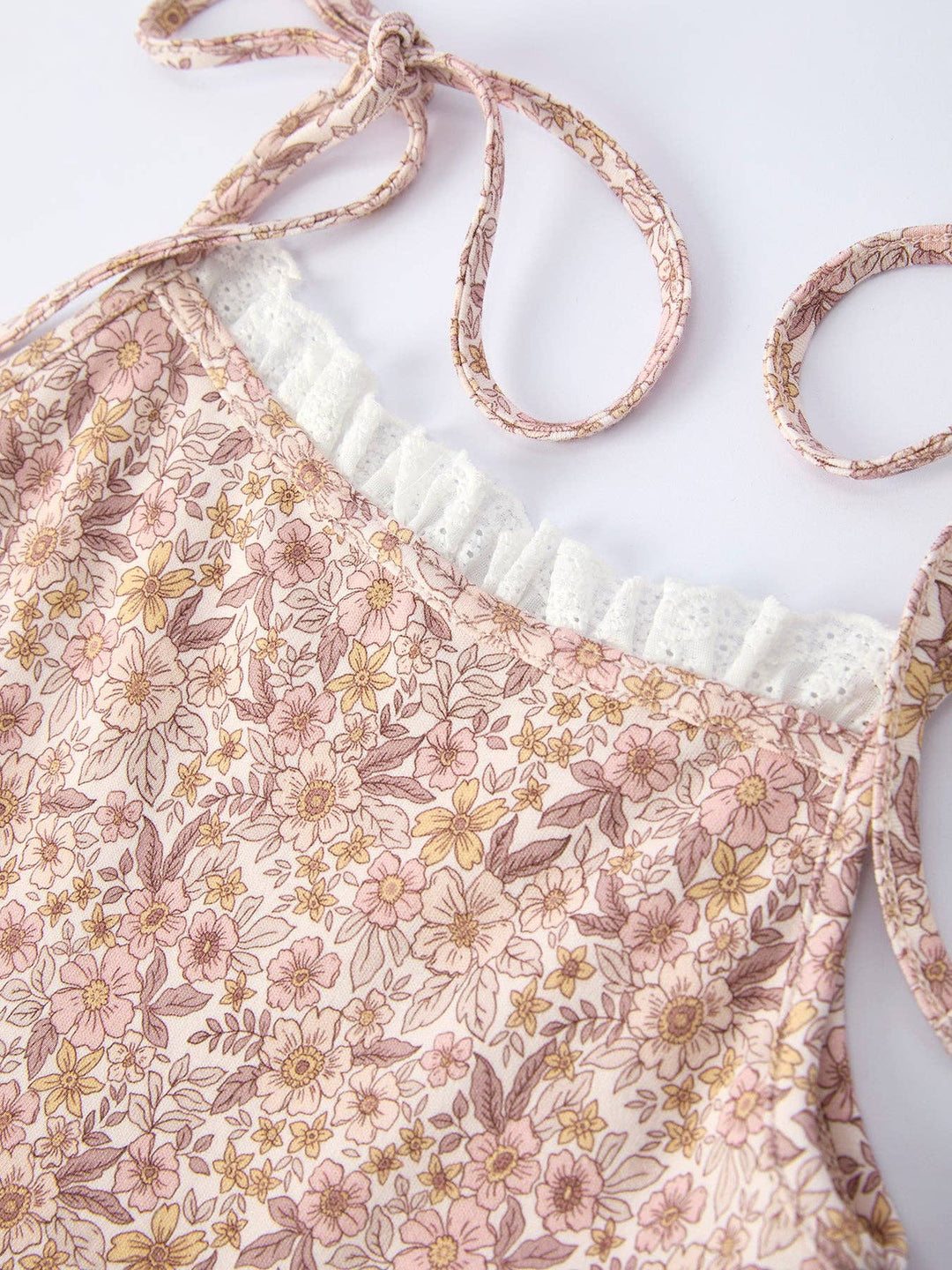 Summer Floral Girls Bow Spaghetti Strap Ruffle Dress