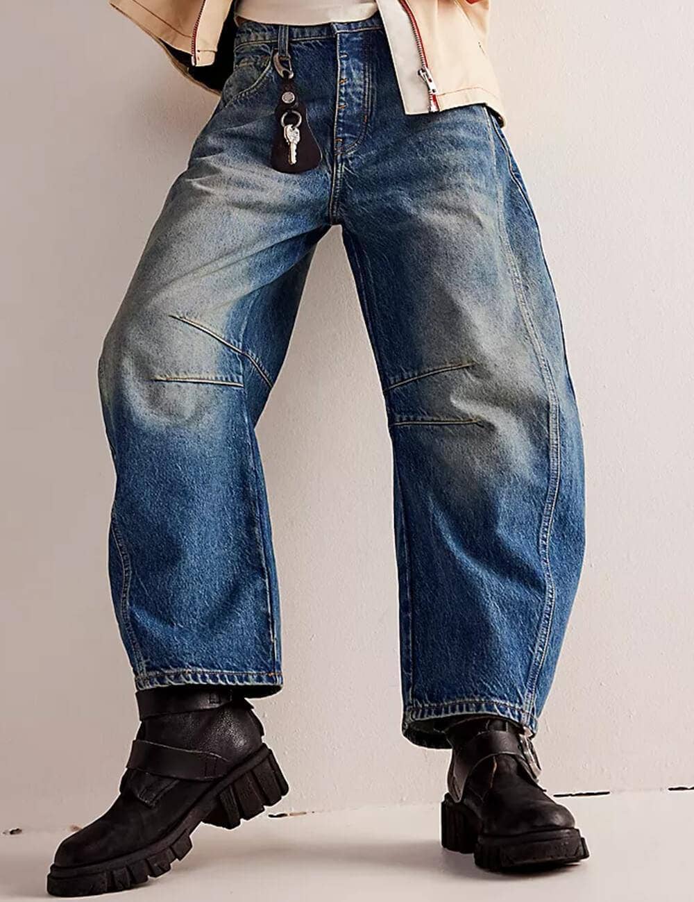 Ladies Mid Rise Wide Leg Barrel Jeans SKP522: Denim Blue / XS