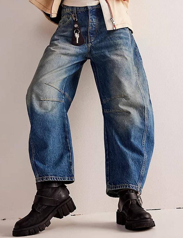 Ladies Mid Rise Wide Leg Barrel Jeans SKP522: Denim Blue / S
