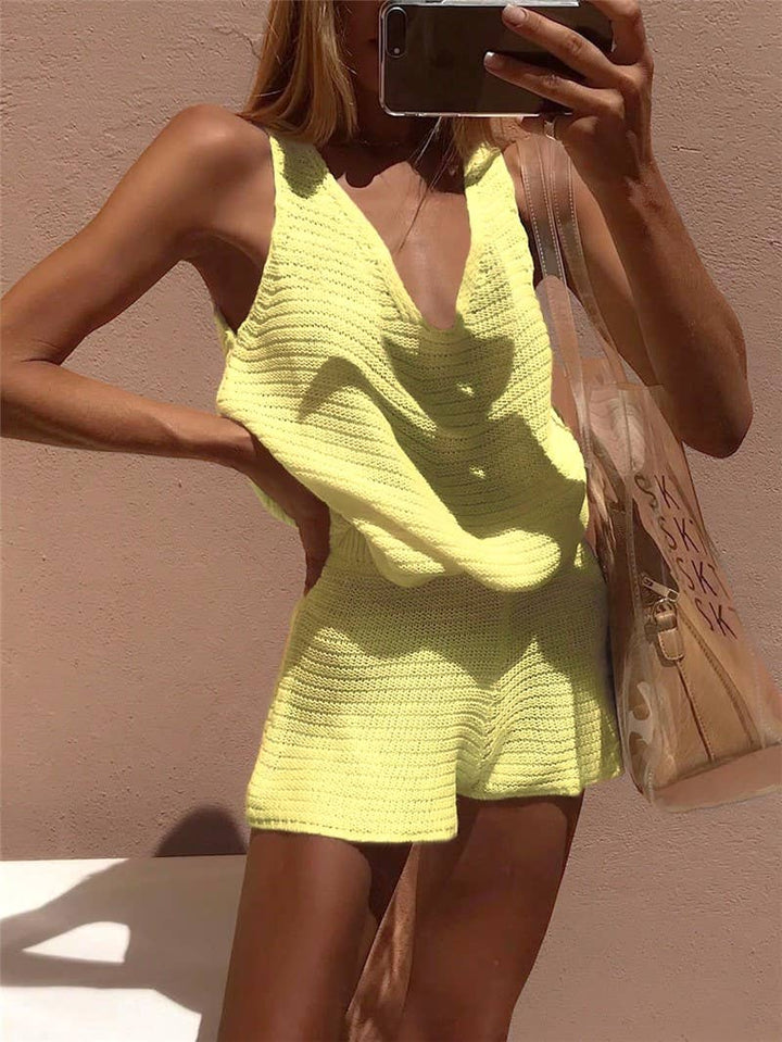 Deep V-Neck Vest Shorts Two-Piece Sweater Set: Black