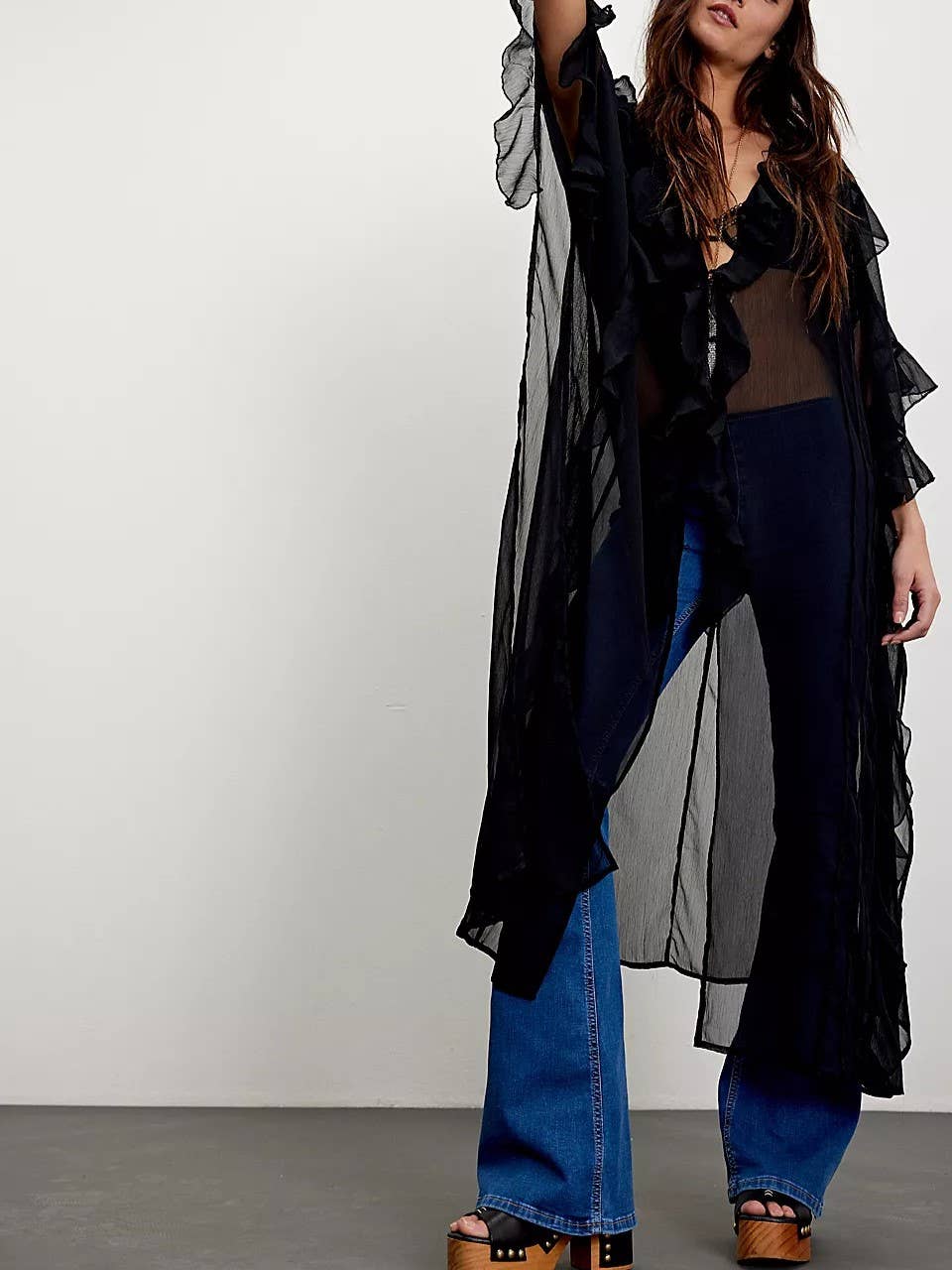 Boho lightweight sheer ruffle maxi top duster kimono jacket: OffWhite / M