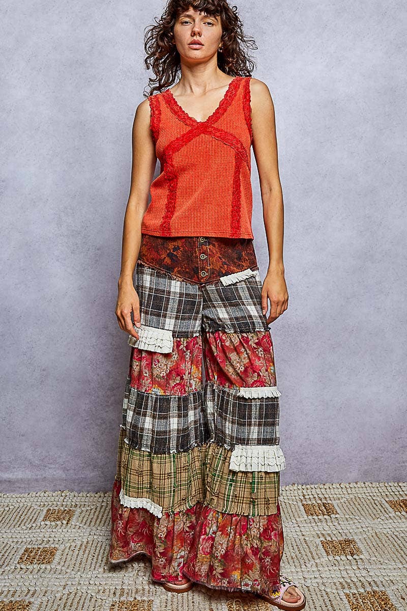 Floral Print Ruffle Trim Patchwork Plaid Wide Leg Pants