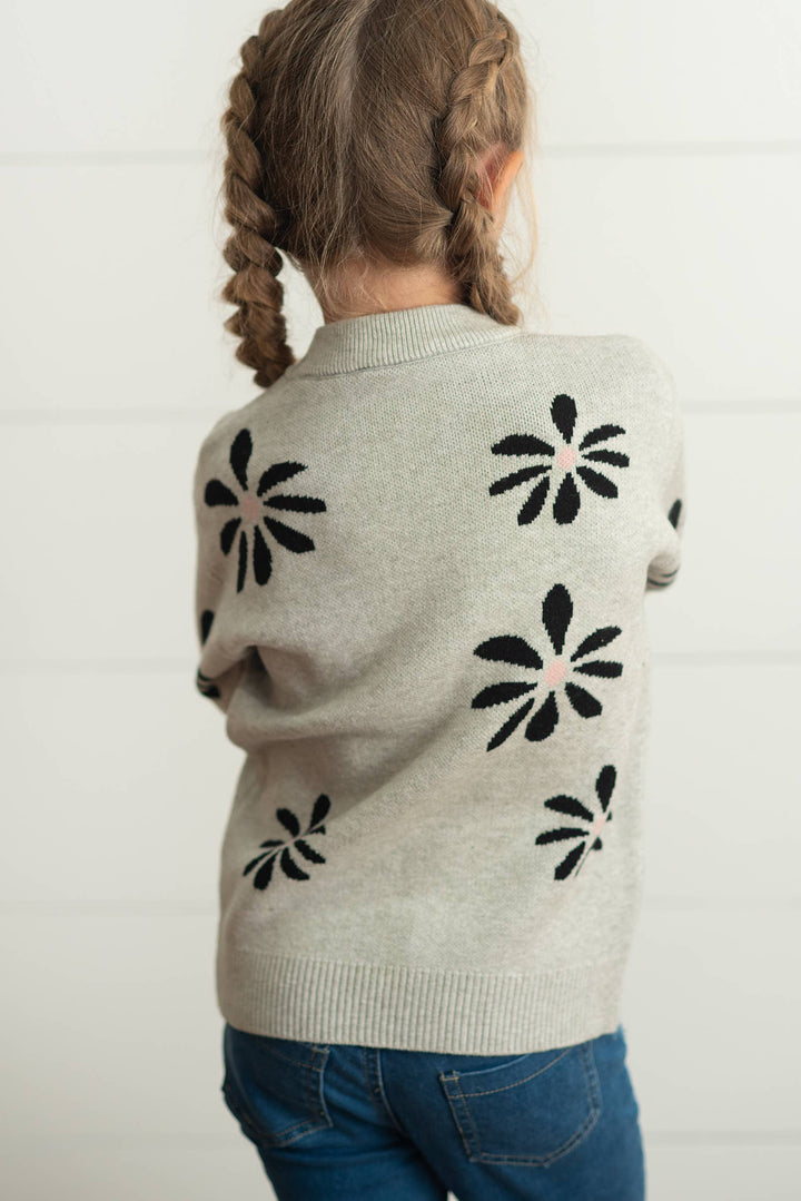 Kids Light Gray Flower Crew Neck Fall Winter Sweater: 7/8