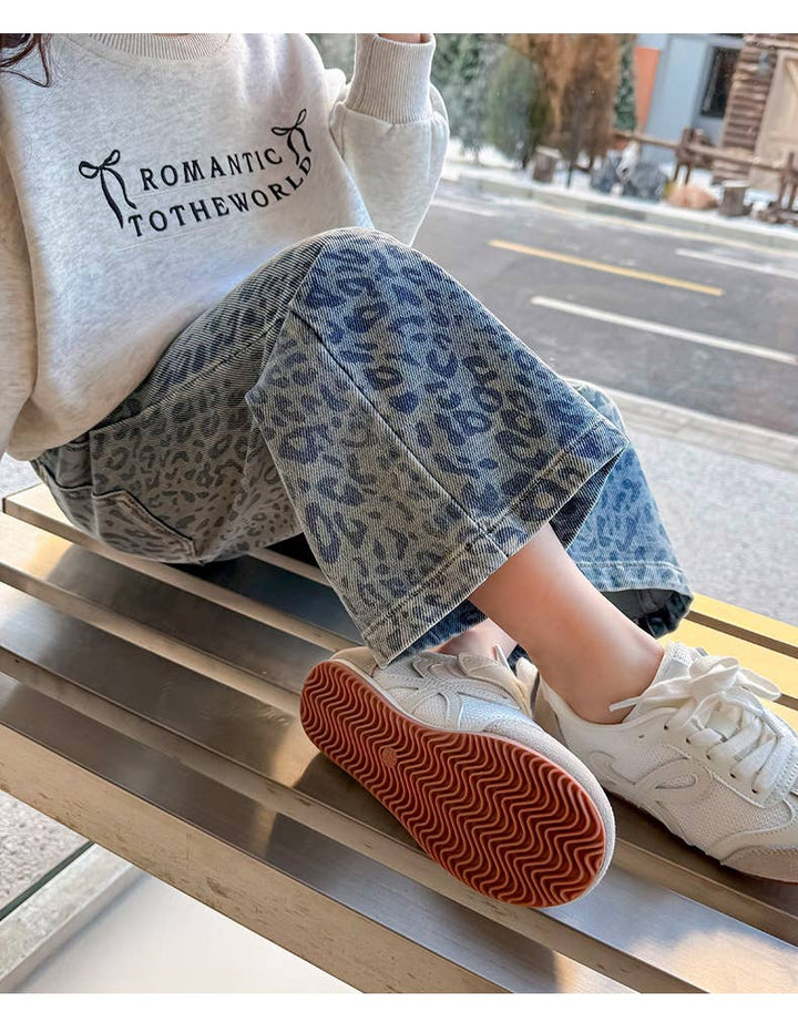 Girls' Blue Leopard Print Denim Wide-Leg Pants (JEANS): Blue / English / 6