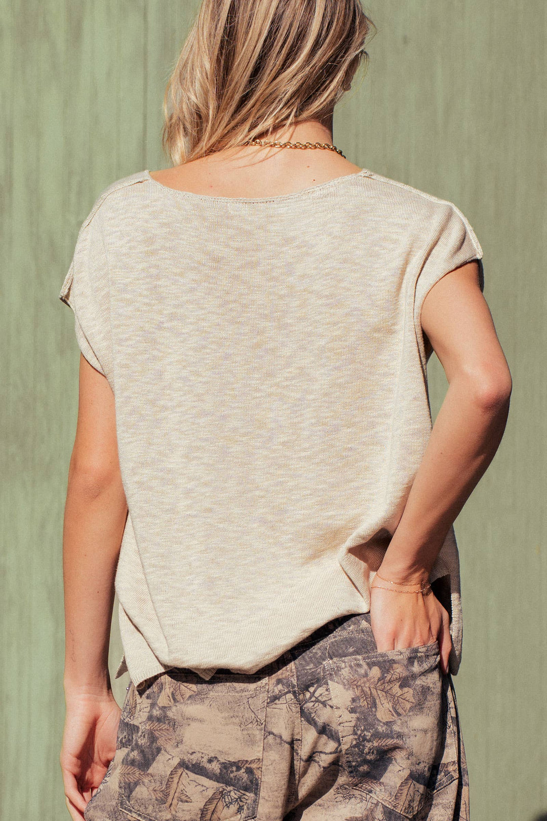 Split Neck Cap Sleeve Cotton Blend Top: Beige / S-M-L:2-2-2