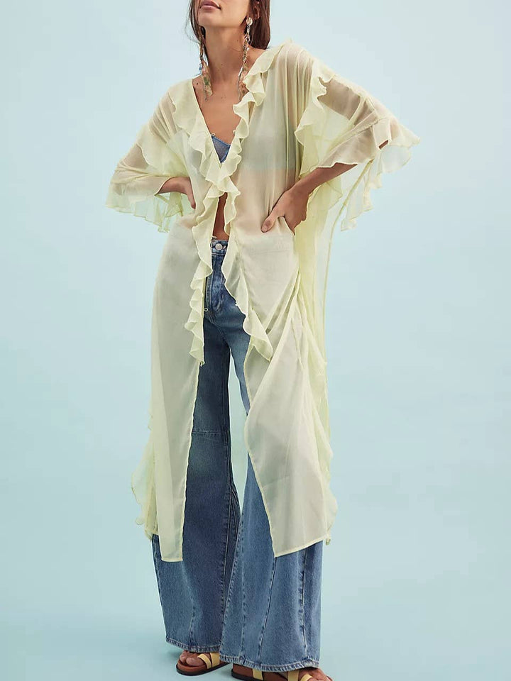 Boho lightweight sheer ruffle maxi top duster kimono jacket: OffWhite / M