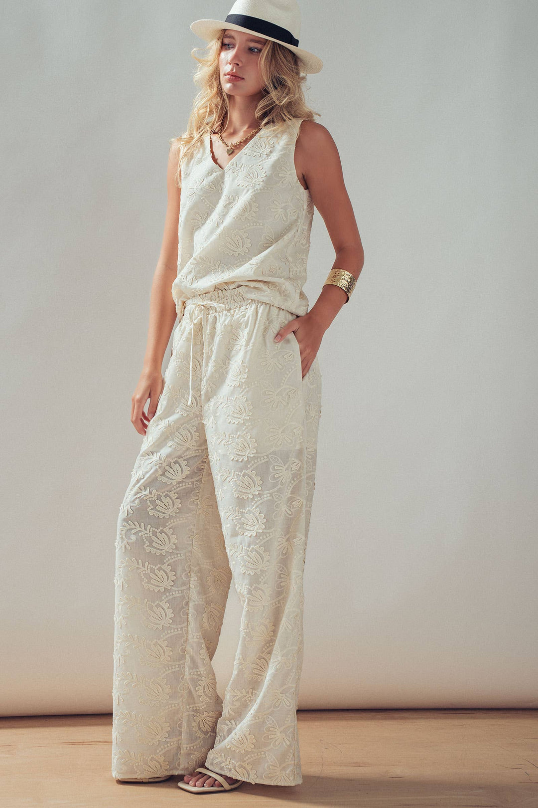 Floral Embroidered Cotton Top And Pant Set: IVORY