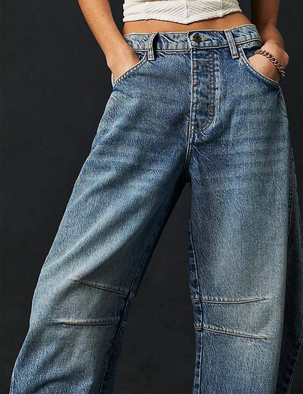 Ladies Mid Rise Wide Leg Barrel Jeans SKP522: Denim Blue / M
