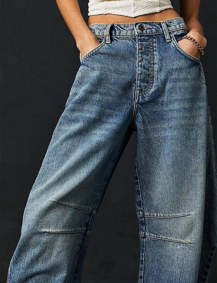 Ladies Mid Rise Wide Leg Barrel Jeans SKP522: Denim Blue / M