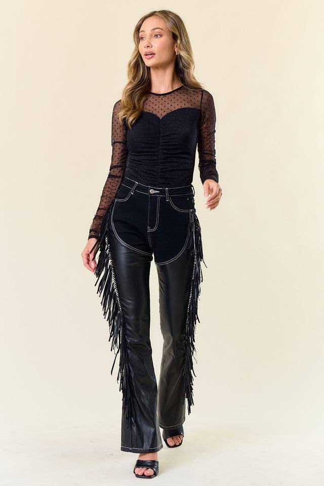 SIP6363A BLACK DENIM CHAPS FRINGED PANTS: M