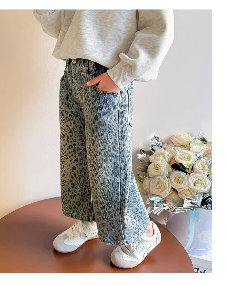 Girls' Blue Leopard Print Denim Wide-Leg Pants (JEANS): Blue / English / 6