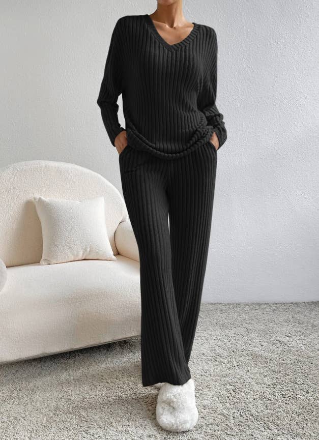 Ribbed Knit Long Sleeve Lounge Pajama Set: Khaki